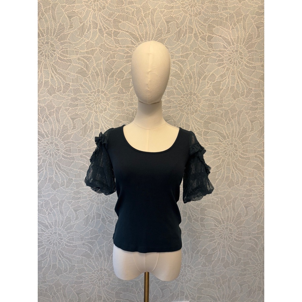 Maeve Anthropologie Ribbed Scoop Neck Romantic Lace Ruffle Sleeve Boho Chic XS